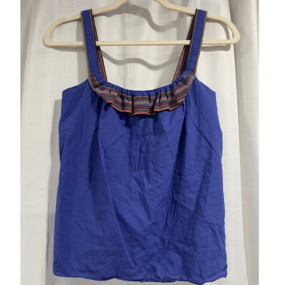 Anthropology One.September Blue Cotton Tank‎ Top Multi-Color Stripe Trim Size 2